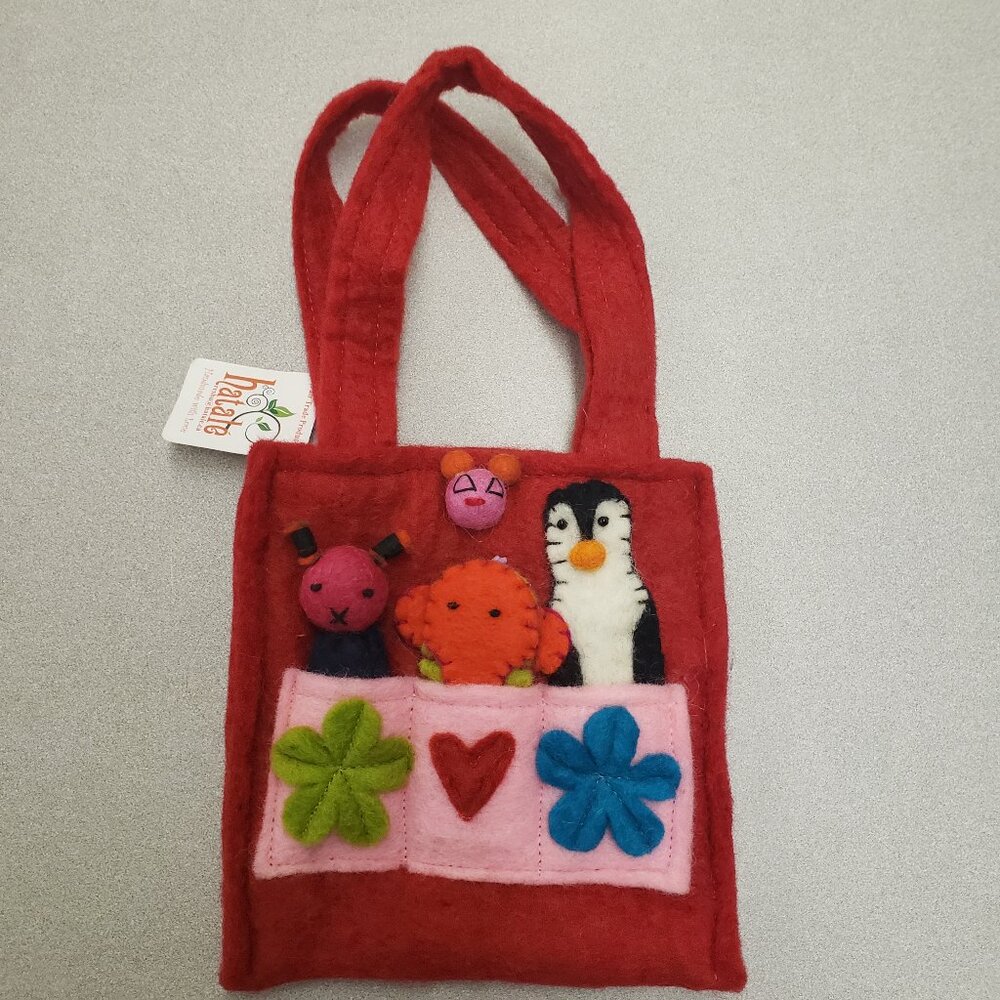 Handmade Fair Trade Puppet Bag with 3 finger puppets